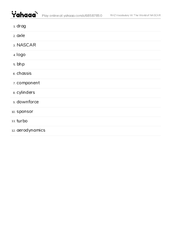 RAZ Vocabulary W: The World of NASCAR PDF words glossary