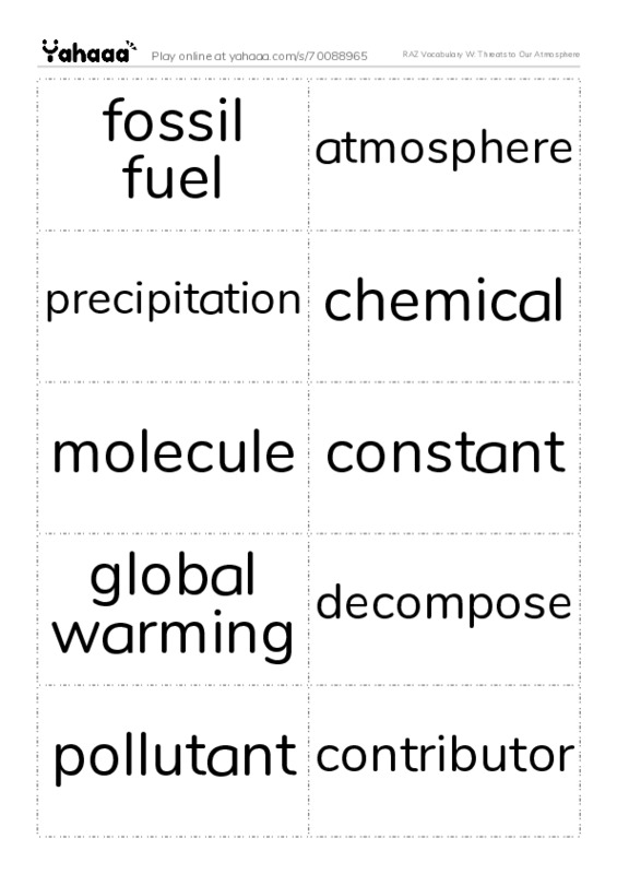 RAZ Vocabulary W: Threats to Our Atmosphere PDF two columns flashcards