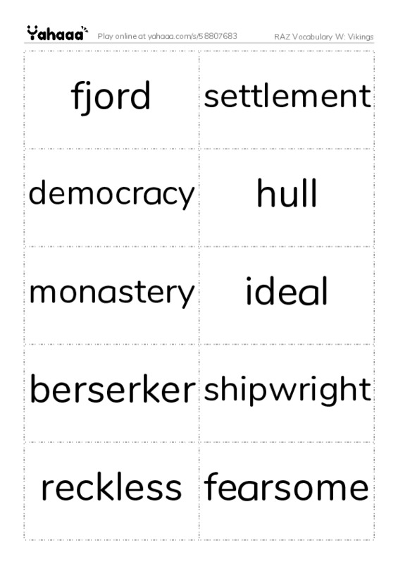 RAZ Vocabulary W: Vikings PDF two columns flashcards