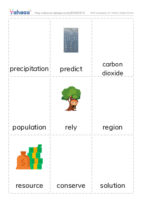 RAZ Vocabulary W: What is Water Worth PDF flaschards with images