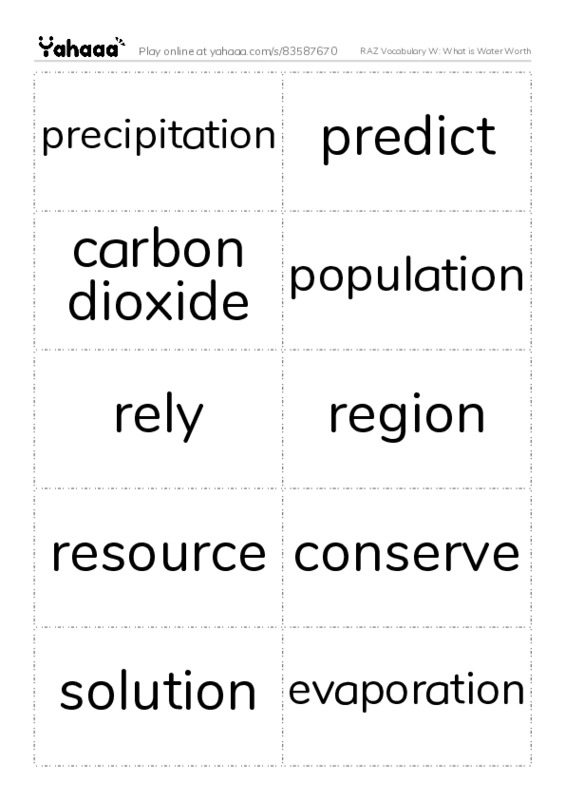 RAZ Vocabulary W: What is Water Worth PDF two columns flashcards