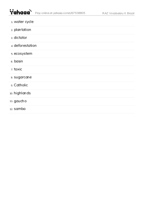 RAZ Vocabulary X: Brazil PDF words glossary