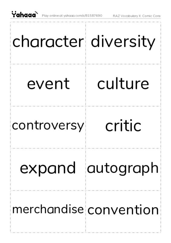 RAZ Vocabulary X: Comic Cons PDF two columns flashcards