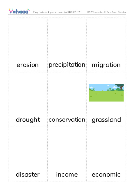 RAZ Vocabulary X: Dust Bowl Disaster PDF flaschards with images