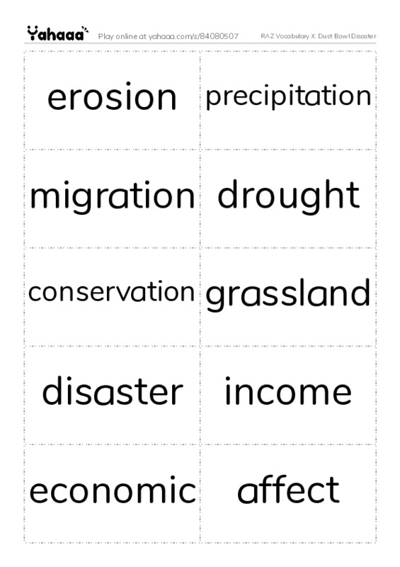 RAZ Vocabulary X: Dust Bowl Disaster PDF two columns flashcards