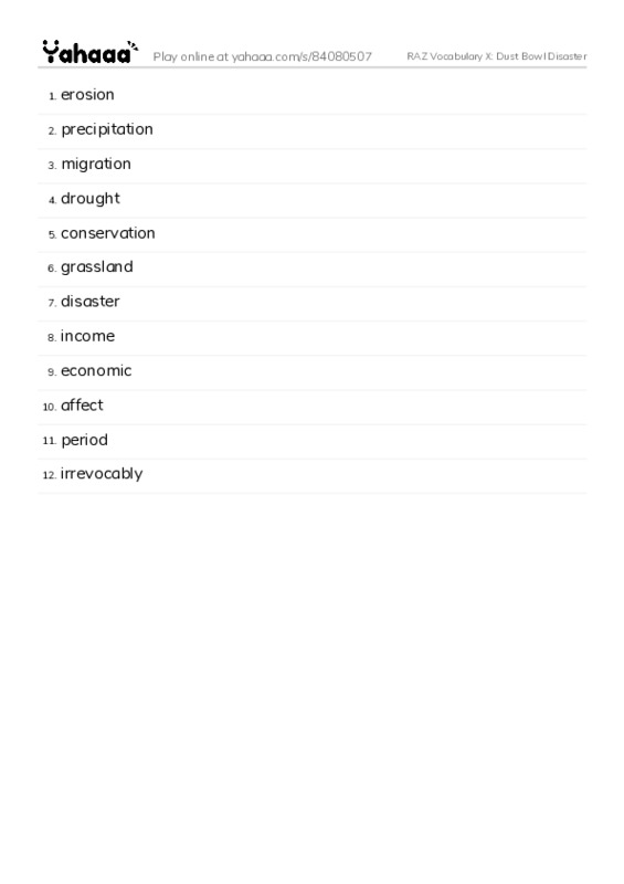 RAZ Vocabulary X: Dust Bowl Disaster PDF words glossary