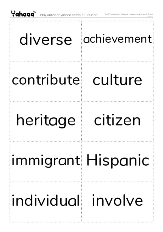 RAZ Vocabulary X: Famous Hispanic Americans A Proud Heritage PDF two columns flashcards