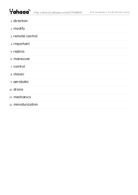 RAZ Vocabulary X: Fun By Remote Control PDF words glossary