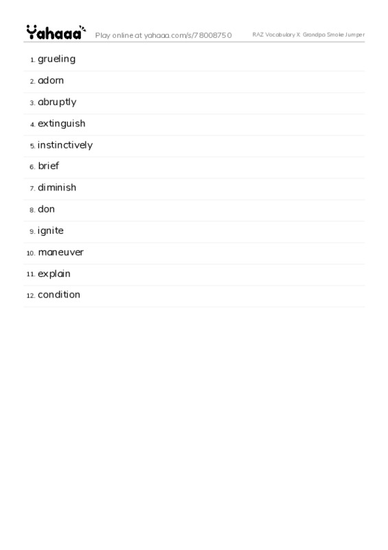 RAZ Vocabulary X: Grandpa Smoke Jumper PDF words glossary