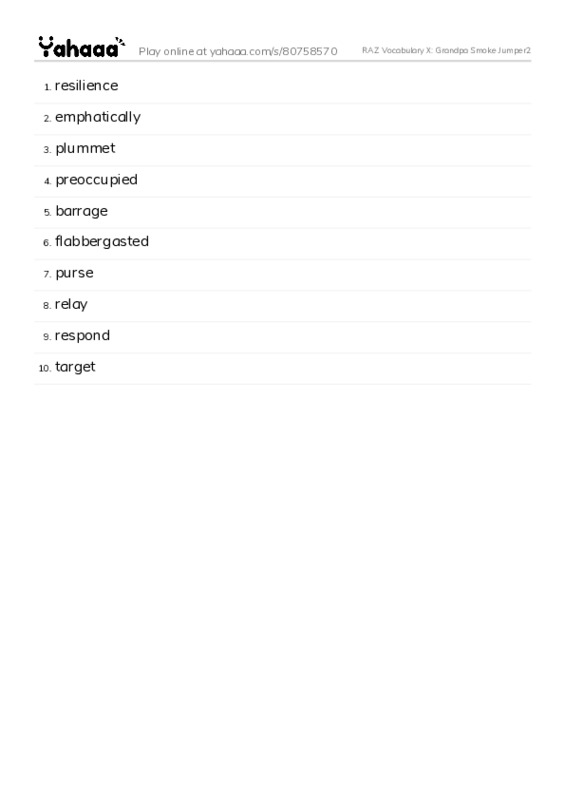 RAZ Vocabulary X: Grandpa Smoke Jumper2 PDF words glossary