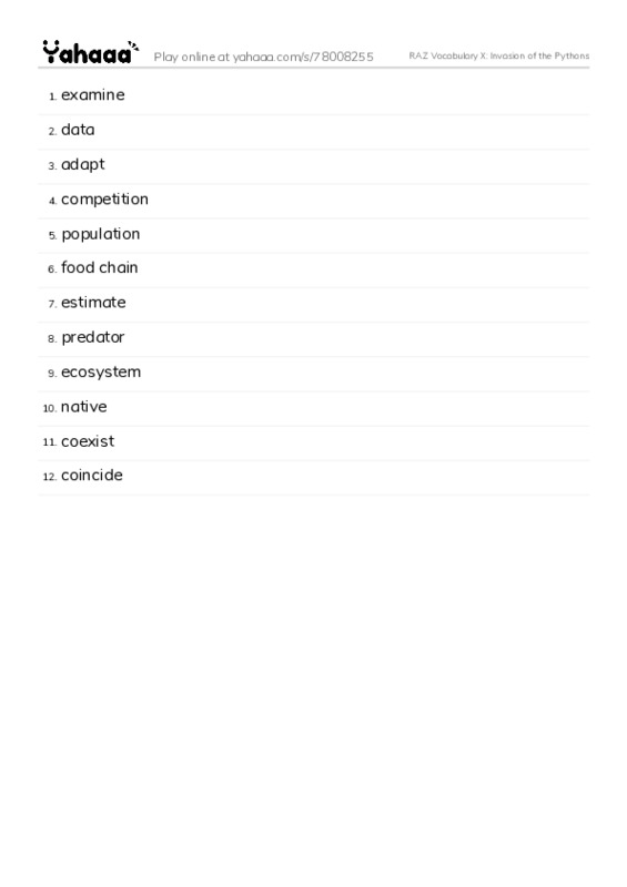 RAZ Vocabulary X: Invasion of the Pythons PDF words glossary