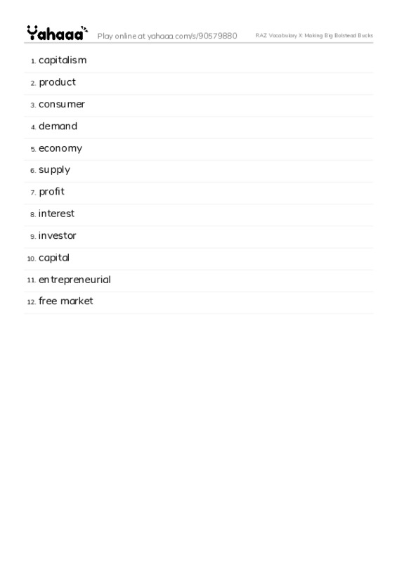 RAZ Vocabulary X: Making Big Bolstead Bucks PDF words glossary