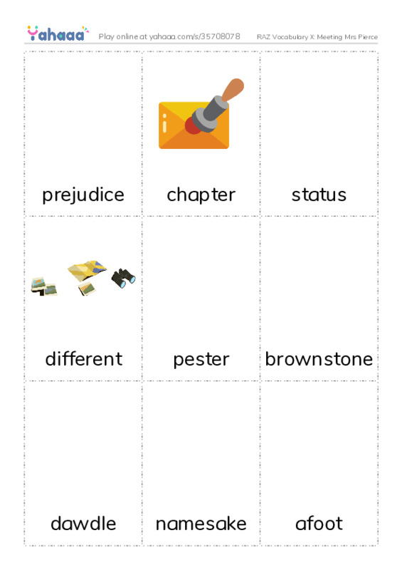 RAZ Vocabulary X: Meeting Mrs Pierce PDF flaschards with images