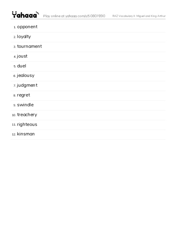 RAZ Vocabulary X: Miguel and King Arthur PDF words glossary