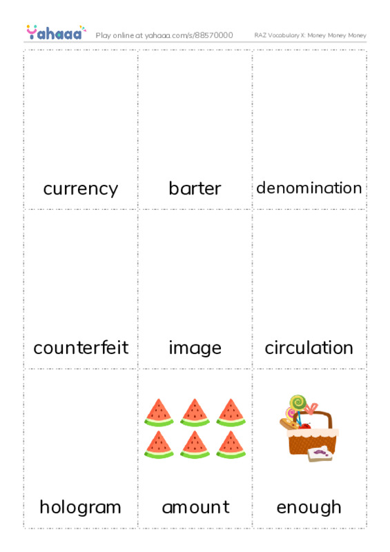 RAZ Vocabulary X: Money Money Money PDF flaschards with images