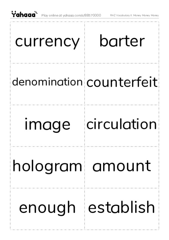RAZ Vocabulary X: Money Money Money PDF two columns flashcards
