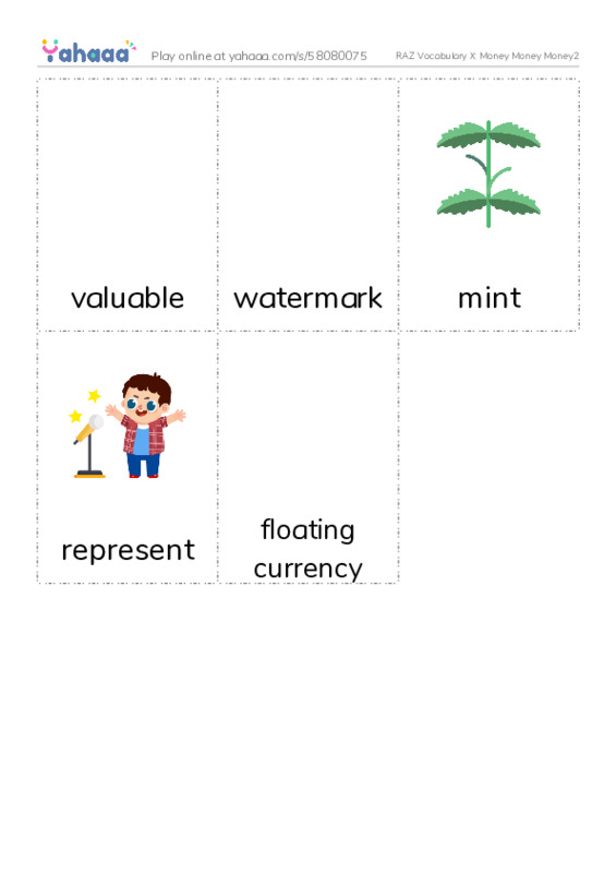 RAZ Vocabulary X: Money Money Money2 PDF flaschards with images