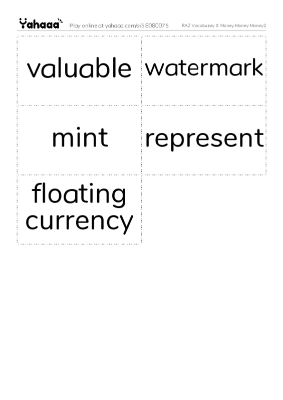 RAZ Vocabulary X: Money Money Money2 PDF two columns flashcards