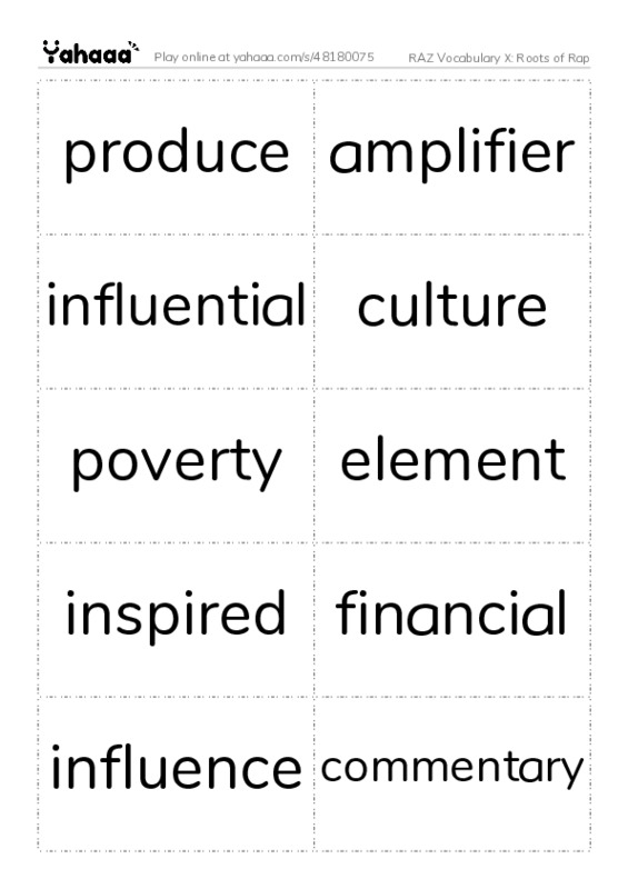 RAZ Vocabulary X: Roots of Rap PDF two columns flashcards