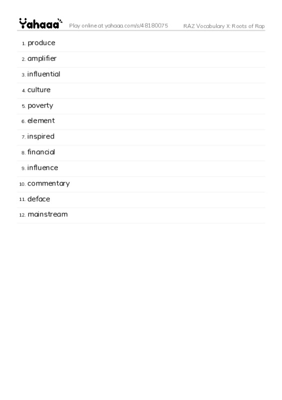 RAZ Vocabulary X: Roots of Rap PDF words glossary