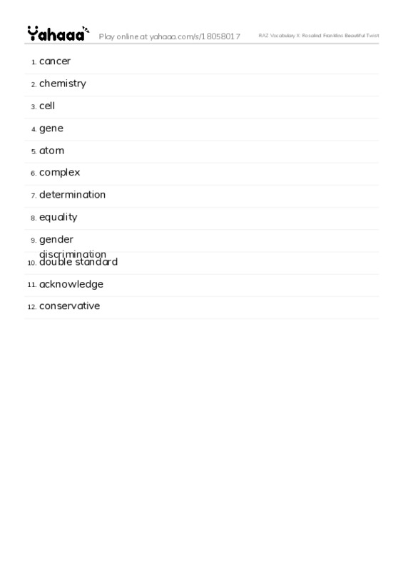 RAZ Vocabulary X: Rosalind Franklins Beautiful Twist PDF words glossary