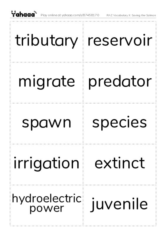 RAZ Vocabulary X: Saving the Salmon PDF two columns flashcards