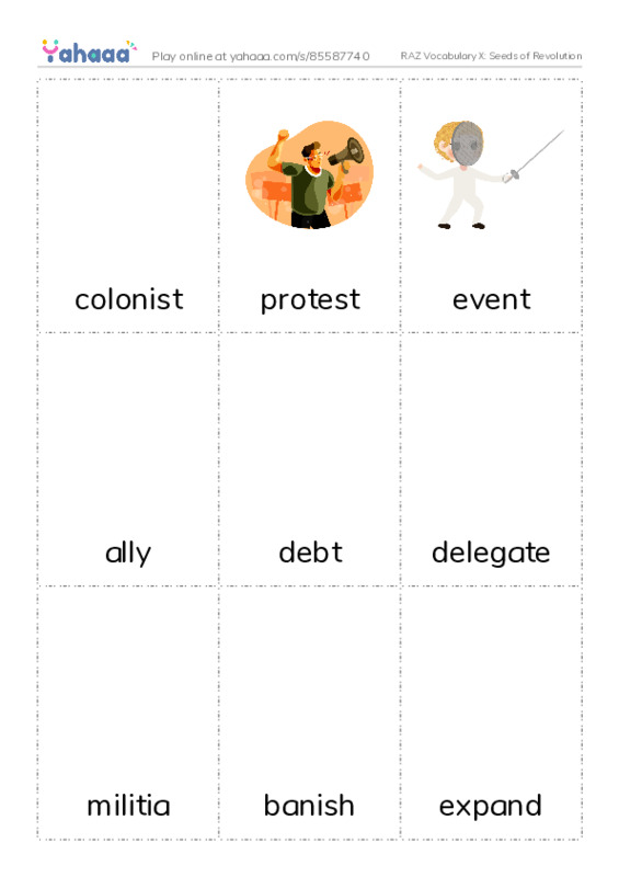 RAZ Vocabulary X: Seeds of Revolution PDF flaschards with images