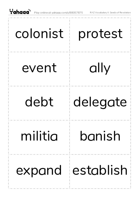 RAZ Vocabulary X: Seeds of Revolution PDF two columns flashcards