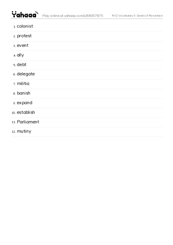 RAZ Vocabulary X: Seeds of Revolution PDF words glossary
