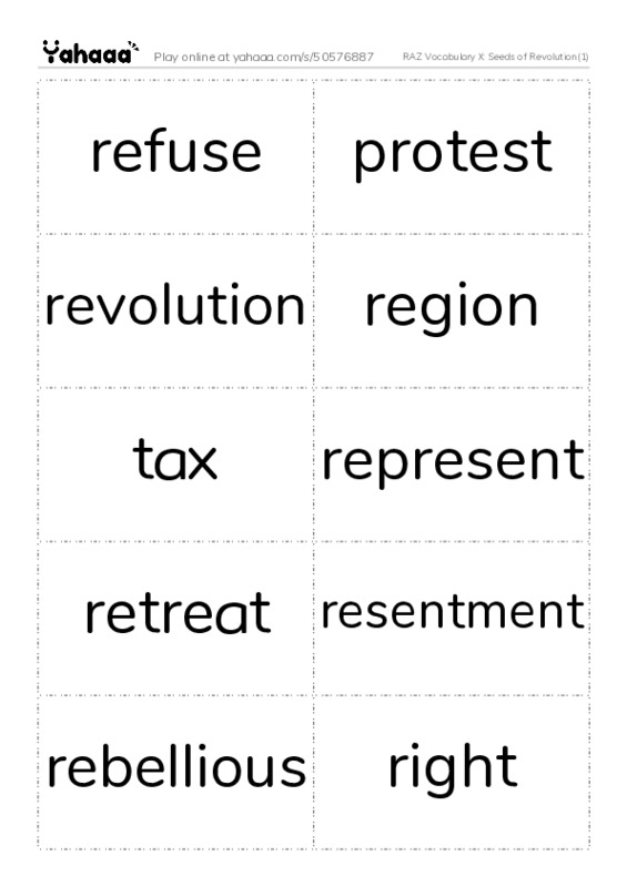 RAZ Vocabulary X: Seeds of Revolution(1) PDF two columns flashcards