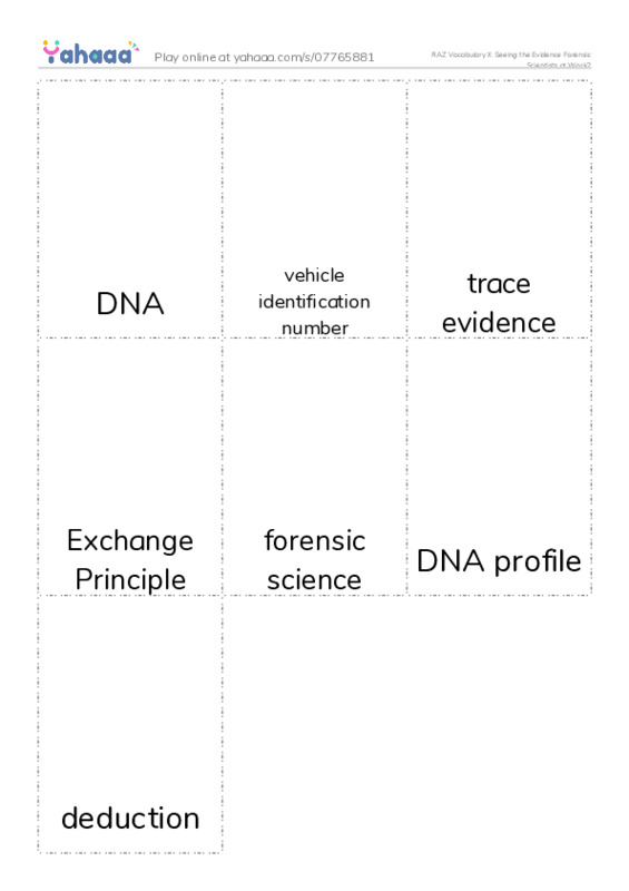 RAZ Vocabulary X: Seeing the Evidence Forensic Scientists at Work2 PDF flaschards with images