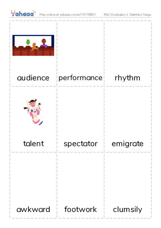 RAZ Vocabulary X: Takehitos Tango PDF flaschards with images