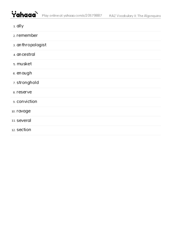 RAZ Vocabulary X: The Algonquins PDF words glossary