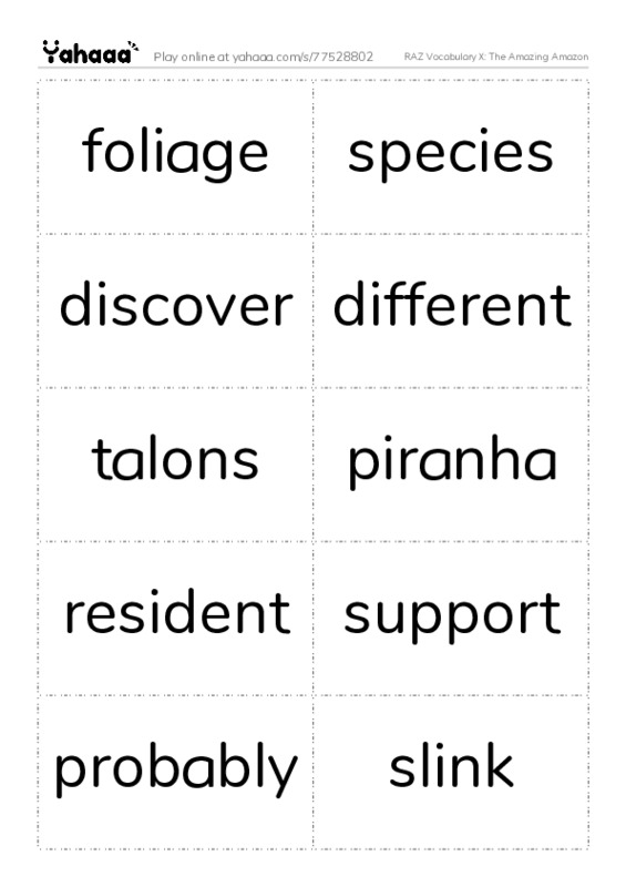 RAZ Vocabulary X: The Amazing Amazon PDF two columns flashcards