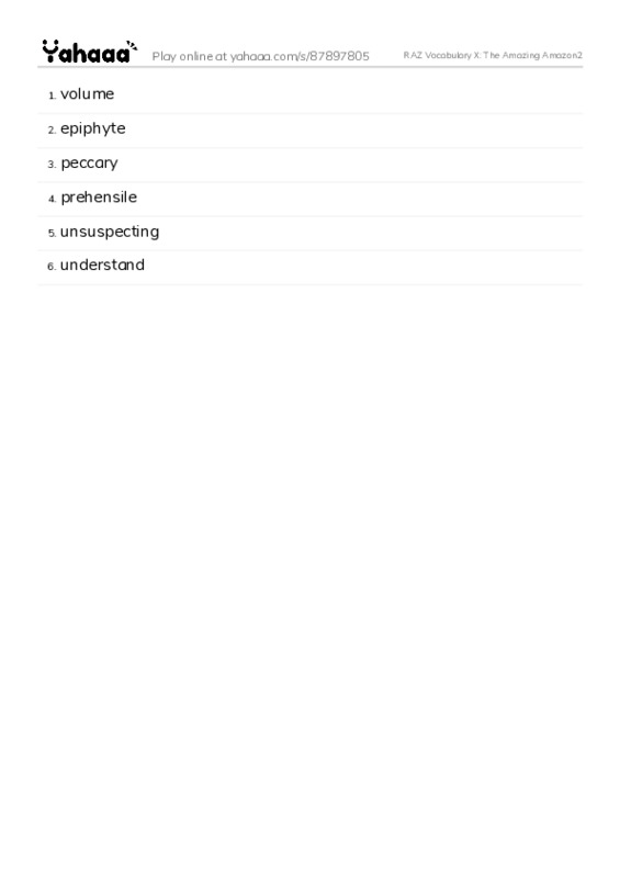 RAZ Vocabulary X: The Amazing Amazon2 PDF words glossary