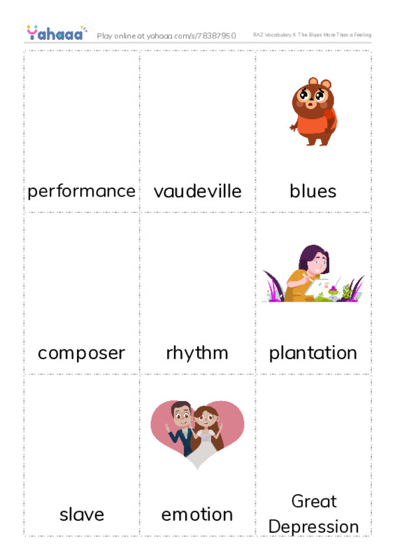 RAZ Vocabulary X: The Blues More Than a Feeling PDF flaschards with images