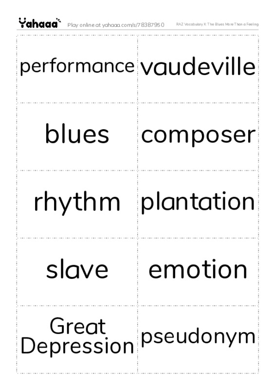 RAZ Vocabulary X: The Blues More Than a Feeling PDF two columns flashcards
