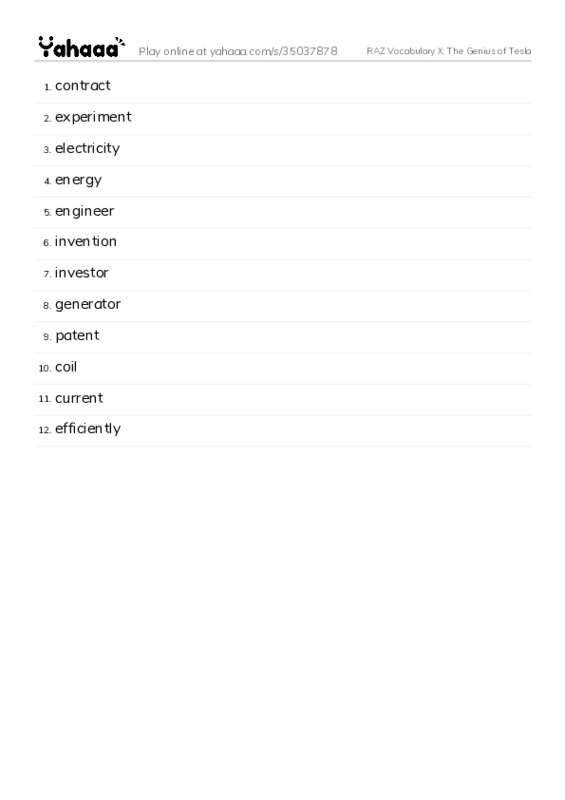 RAZ Vocabulary X: The Genius of Tesla PDF words glossary