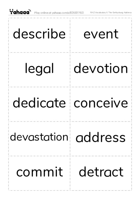 RAZ Vocabulary X: The Gettysburg Address PDF two columns flashcards
