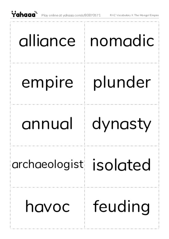 RAZ Vocabulary X: The Mongol Empire PDF two columns flashcards