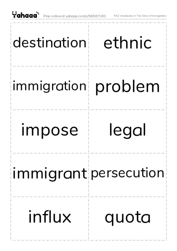 RAZ Vocabulary X: The Story of Immigration PDF two columns flashcards
