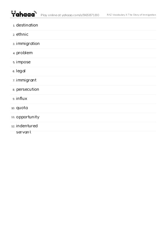 RAZ Vocabulary X: The Story of Immigration PDF words glossary