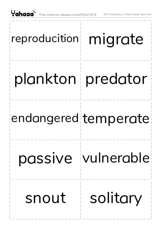 RAZ Vocabulary X: Whale Sharks Giant Fish PDF two columns flashcards