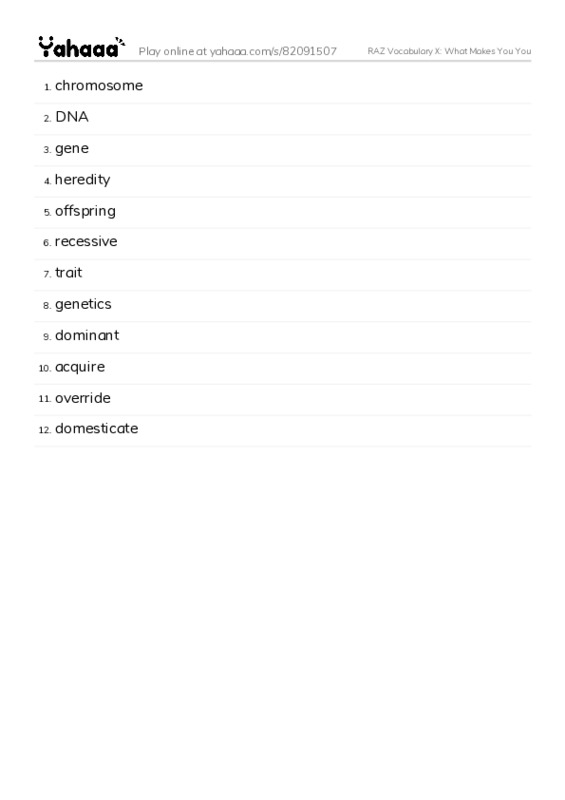 RAZ Vocabulary X: What Makes You You PDF words glossary