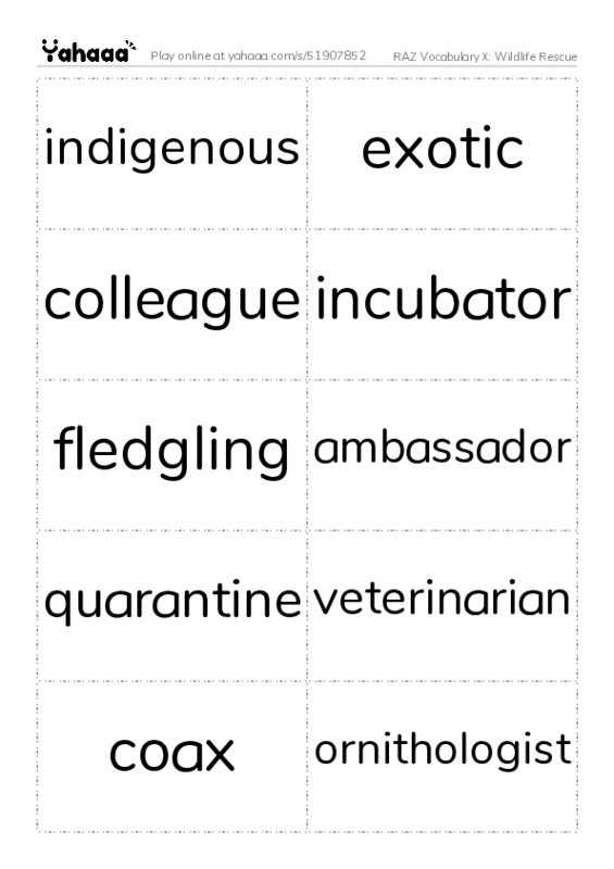 RAZ Vocabulary X: Wildlife Rescue PDF two columns flashcards