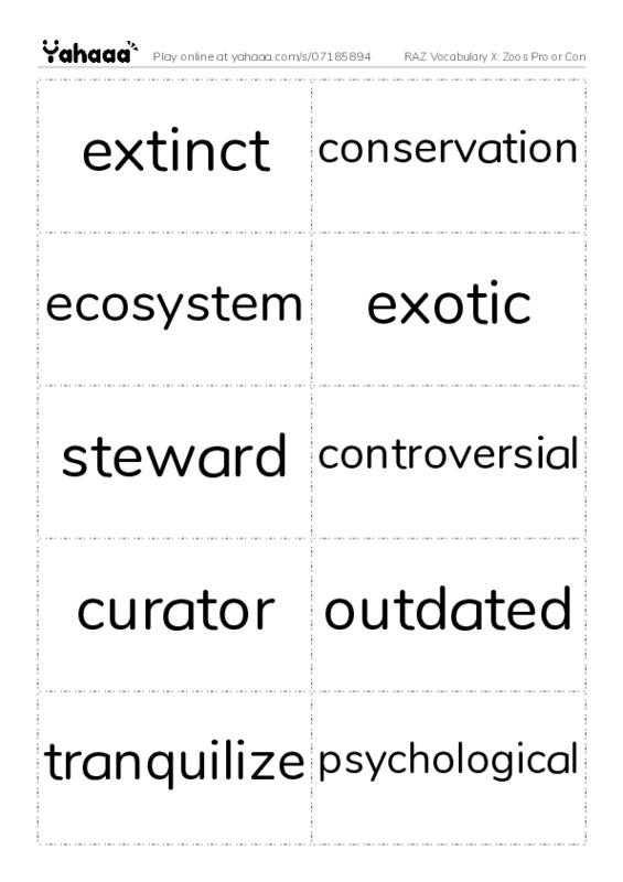 RAZ Vocabulary X: Zoos Pro or Con PDF two columns flashcards