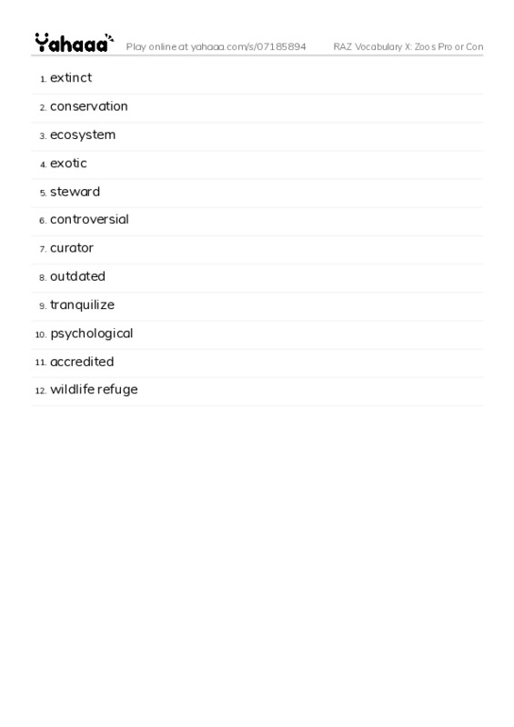 RAZ Vocabulary X: Zoos Pro or Con PDF words glossary