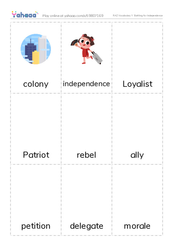 RAZ Vocabulary Y: Battling for Independence PDF flaschards with images