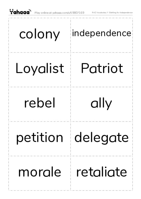 RAZ Vocabulary Y: Battling for Independence PDF two columns flashcards