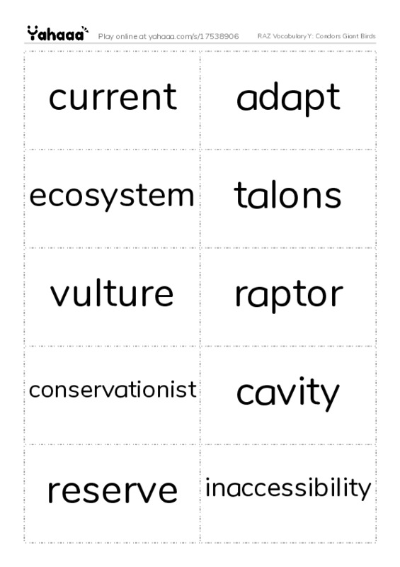 RAZ Vocabulary Y: Condors Giant Birds PDF two columns flashcards